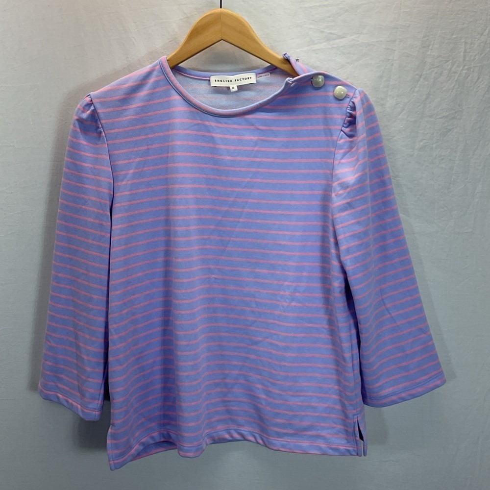 New English Factory Women's Size M Lavender Pink Striped Puff Sleeve Breton Tee